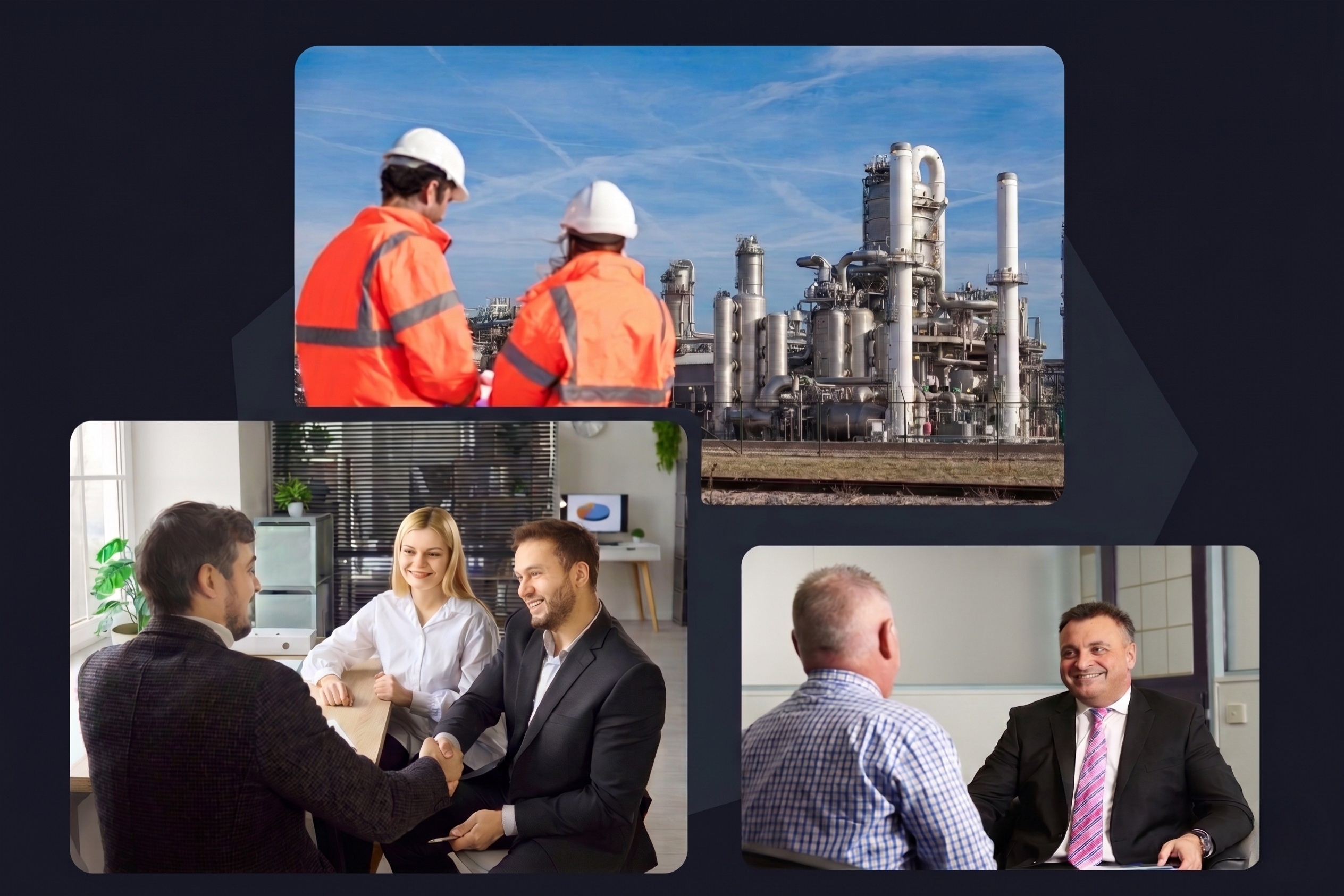 A collage of workplace scenes across industrial, construction and office settings
